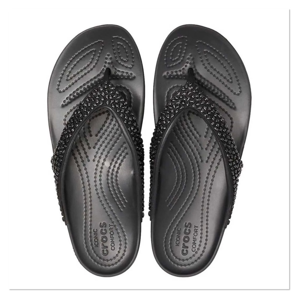CROCS 'Kadee II' Embellished Black Flip Flop Sandals